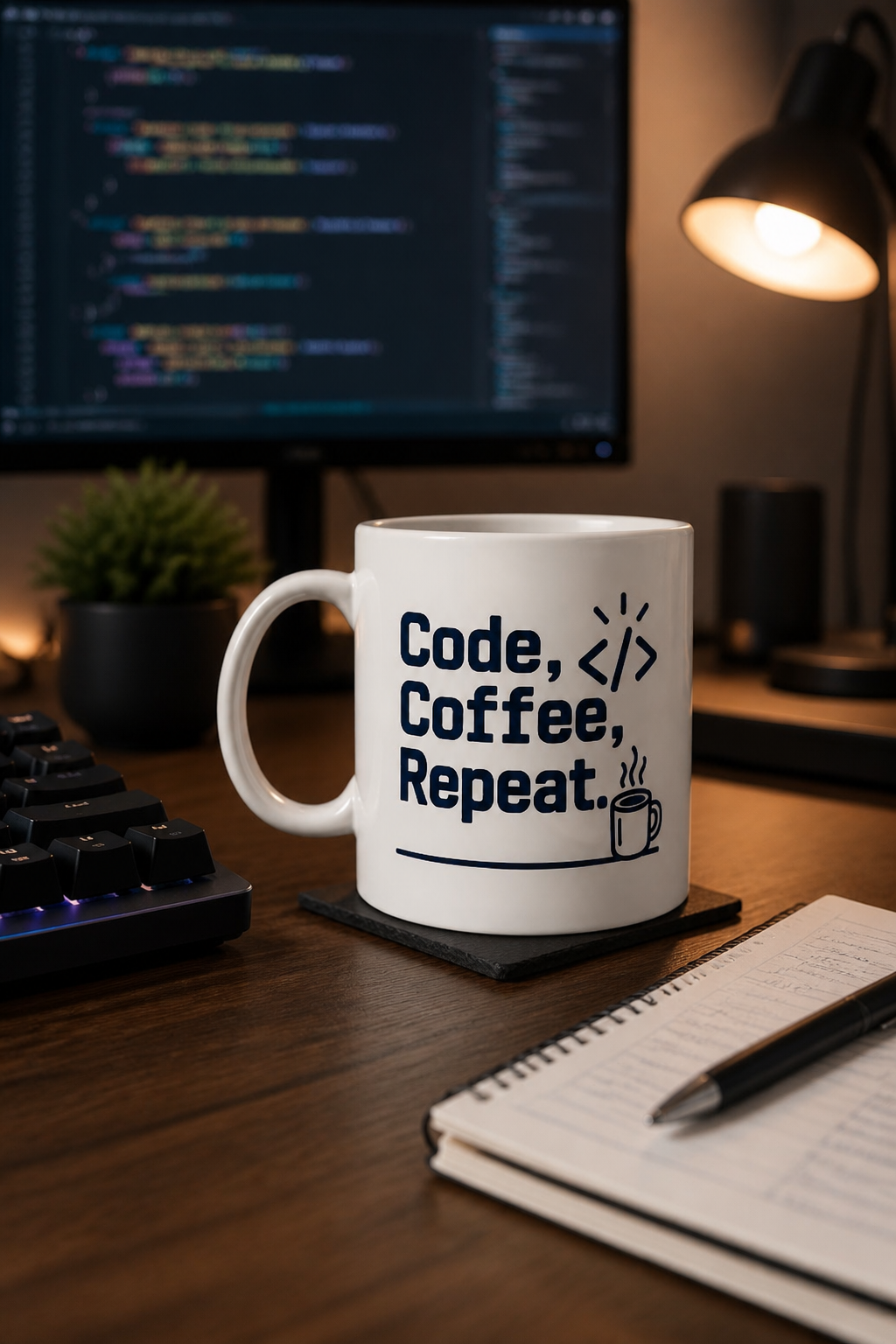 Code Coffee Repeat Mug | Minimalist Programmer Desk Aesthetic